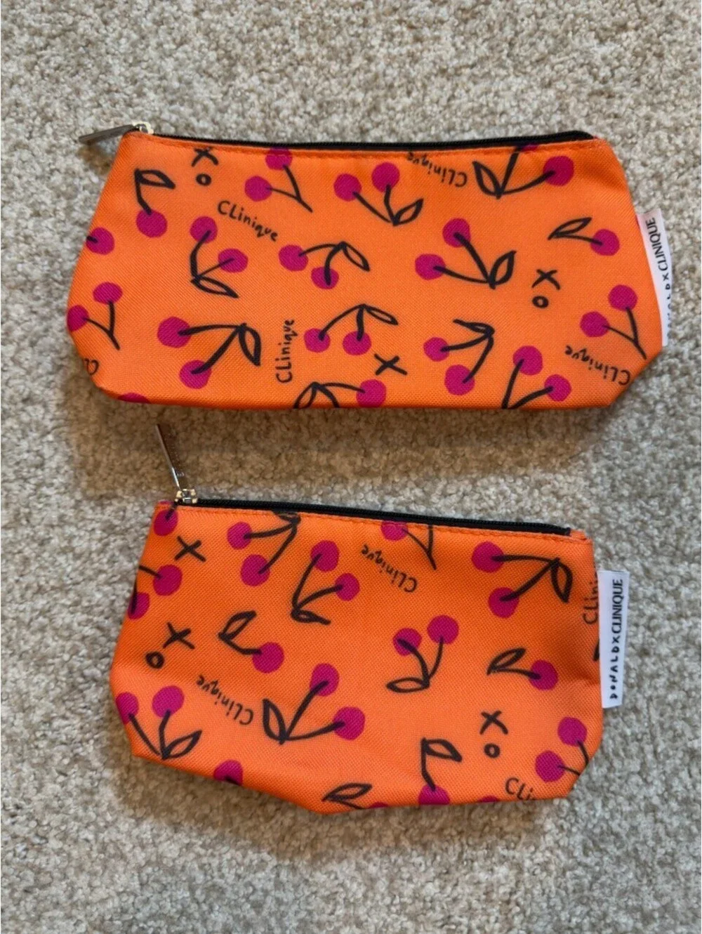 Donald Robertson x Clinique Cherry Print Cosmetic Bag Lot of 2 Orange Pink New